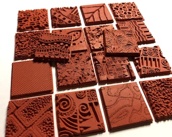 18 assorted 1" Deep Etched Texture Rubber Art Stamps Flexible Vulcanized Unmounted Designs for Clay, Paper, Polyshrink, Solder, and Fabric