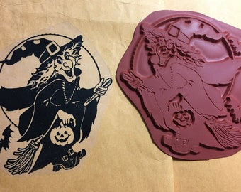 Halloween Witch Unmounted Rubber Stamp - Flying Witch Stamp Design for Decorating Cards & Making Treat Bags