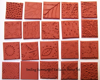 20 Assorted Deep Etched Texture Rubber Art Stamps 1" Flexible Unmounted Designs for Clay, Paper, Polyshrink and Fabric