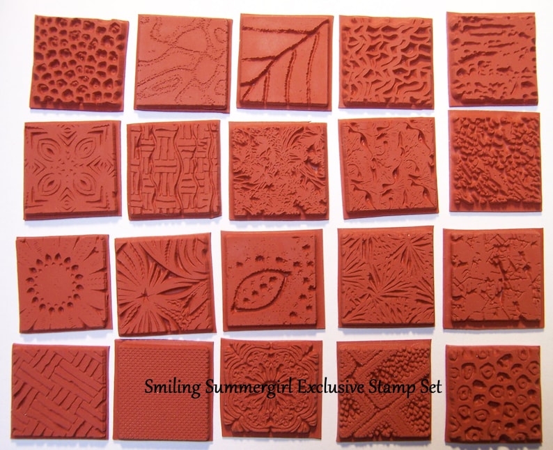 20 Assorted Deep Etched Texture Rubber Art Stamps 1 Flexible Unmounted Designs for Clay, Paper, Polyshrink and Fabric zdjęcie 1