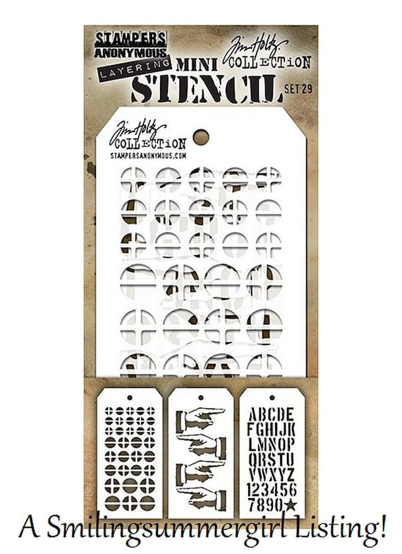 Tim Holtz Collection MINI Layering Stencil 3 Small Stencils ABC letters,  Screws & Hands Pointing Directions Designs Set #29