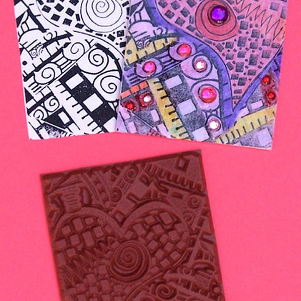 Graphic Heart ATC Collage Rubber Stamp - UM Deep Etched  use to Impress Clay, Stamp Paper, Shrink Plastic and More! Somethings Fishy Stamp
