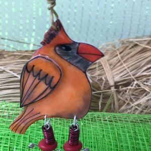 Whimsical Cardinal Bird - Hand Colored Pen and Ink Drawing  Made into a 3 Dimensional Collectible Ornament Fun Bird Watcher / Collector Gift
