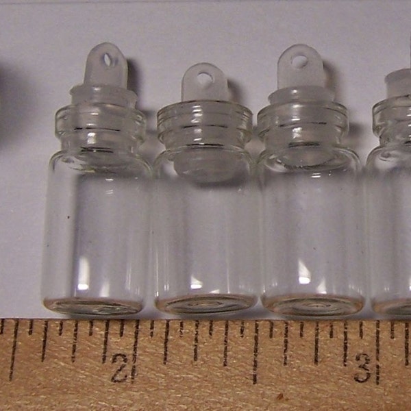 6 Small Glass Bottles with Plastic Stoppers - Use them for jewlery, altered art and more!