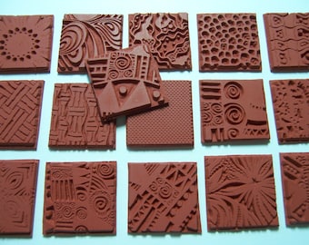 16 assorted 1" Deep Etched Texture Rubber Art Stamps Flexible Unmounted Designs for Clay, Paper, Polyshrink and Fabric