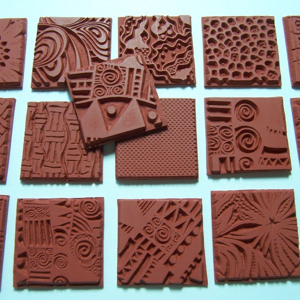 16 assorted 1" Deep Etched Texture Rubber Art Stamps Flexible Unmounted Designs for Clay, Paper, Polyshrink and Fabric