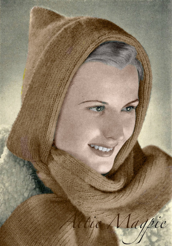 Vintage Knitting Pattern - Hooded Scarf - PDF Download