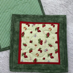 May include: Two green quilted pot holders. One is a solid green with a checkered pattern. The other has a green border and a red inner border with a light green background and a pattern of strawberries and butterflies.