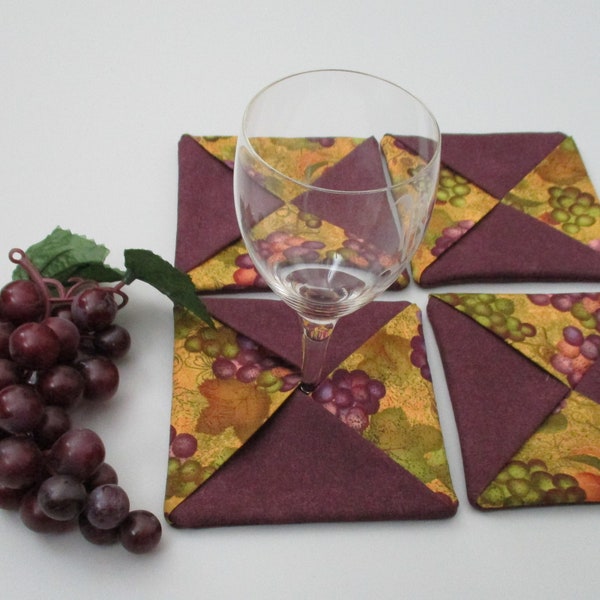 Wine glass coasters - cozies - red purple grapes green leaf - burgundy gold - Set of 4 - wine decor - hostess coworker gift - wine accessory