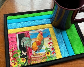 Rooster Mug Rug:  Quilted Coffee Mat - Desk Accessory