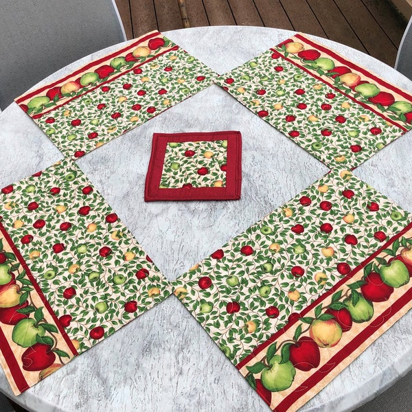Apple placemat - reversible Christmas place mat - quilted - poinsettia - fall Christmas table - red green yellow - Sold as Set of 2