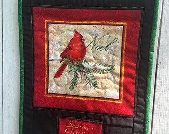 Seasons Greetings Quilted Wall Hanging:  Cardinal on a Pine Branch - Noel Holiday Decor
