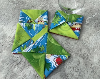 Hawaiian Christmas coasters - wine glass cozy - Set of 4 - red blue lime green - wine decor - wine accessory - tropical coaster