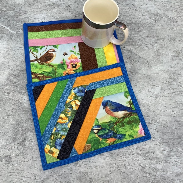 Bird mug rug - bluebird mat - goldfinch - sparrow - yellow gold blue green pink reversible coffee mug rug - coworker gift - desk accessory