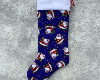 Santa stocking - quilted Christmas stocking - whimsical - blue red green gold white - sparkling felt top - lined - right or left facing