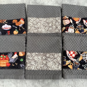 Quilted Gray Kitchen Towel: Rooster, Floral, or Coffee Cup Decor
