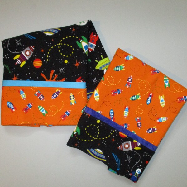 Outer space pillowcase - cotton flannel pillow case - rocket - spaceships - black orange blue purple
