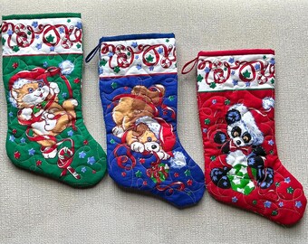 Quilted Christmas Stocking: Cat Dog or Panda Bear, (15") - Reversible