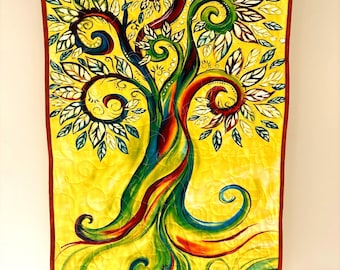 Quilted Tree Wall Hanging: Abstract Whimsical Art Quilt (23 1/2 x 42)
