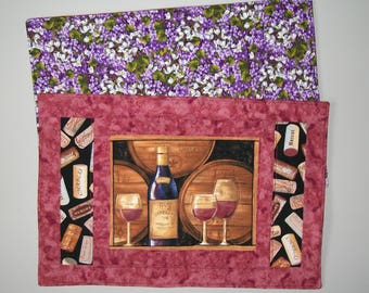 Wine reversible placemat - quilted - mauve pink tan brown purple black lavender green white - wine barrel glass bottle table mat - cabernet