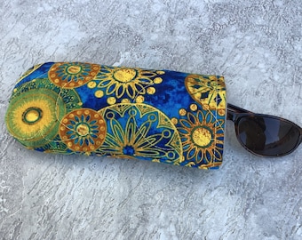 Quilted Eyeglass Case: Modern Cobalt Blue, Gold, and Green Felt-Lined