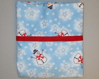 Flannel pillowcase - cotton pillow case - tossed snowman - blue white red black - winter Christmas pillowcase