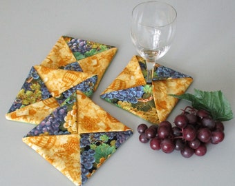 Wine Glass Coasters: Grapes & Wine Barrel Fabric - Set of 4