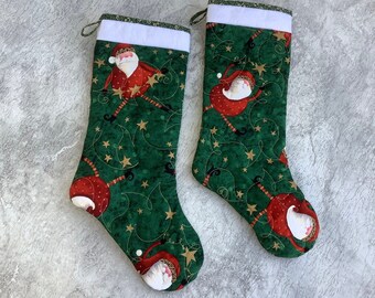 Santa stocking - quilted Christmas stocking - whimsical Santa - green red gold white - white felt top - lined - right or left facing