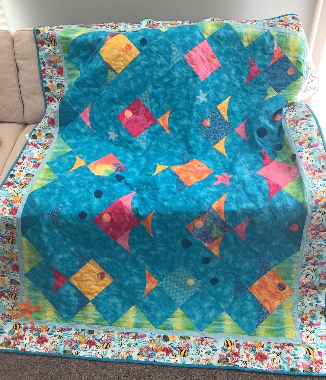 Tropical Fish Quilt Nautical Throw Quilt Aqua Blue Etsy