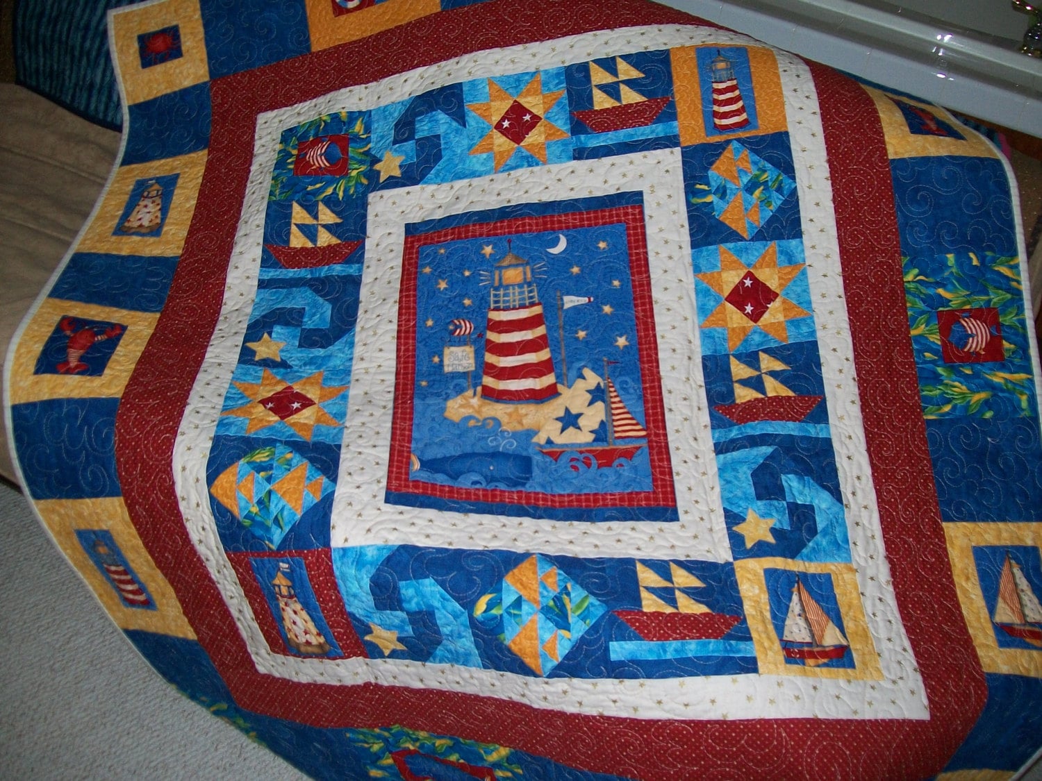 Lighthouse quilt nautical throw whale sailboat star fish Etsy