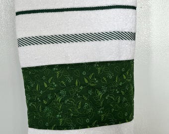 White Green Stripe Quilted Cotton Kitchen Towel: Dark Green Leaf Print