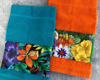 Floral Quilted Kitchen Towel: Turquoise & Orange Cotton Decor