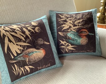 Quilted Duck Pillow Cover: Mallard & Greenwing Teal, 14" Cotton Pillow Case