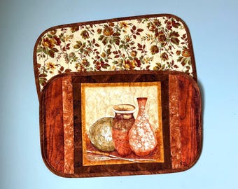 Quilted Brown Earth Tone Placemats: Pottery Earthenware Reversible Floral (Set of 2, 19.5x12.50)