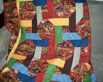 Pumpkin Patchwork Twin Quilt: Fall Farm Scenery Throw Blanket