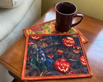 Halloween Mug Rug: Reversible Fall Leaves - Jack-O-Lantern Witches Hat - Metallic Fall Leaf Print - Quilted