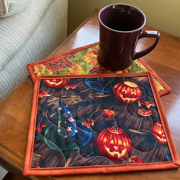Halloween Mug Rug: Reversible Fall Leaves - Jack-O-Lantern Witches Hat - Metallic Fall Leaf Print - Quilted