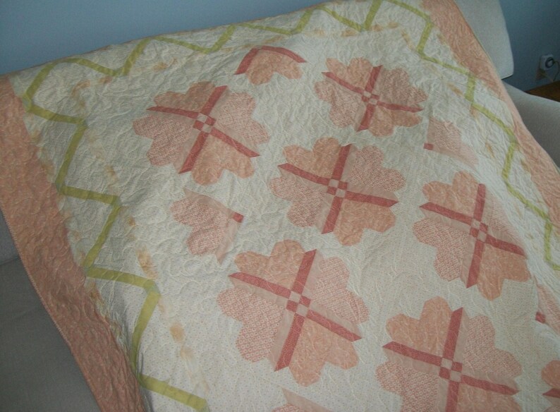 Patchwork Quilt Peach Pink Quilt Pastel White Lime Green Etsy