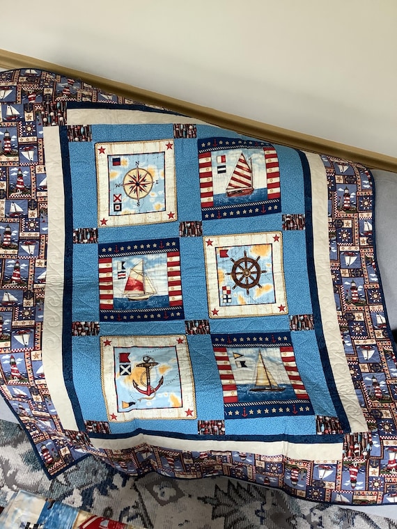 Nautical Throw Quilt: Anchor, Ship Wheel, Compass - 48x59