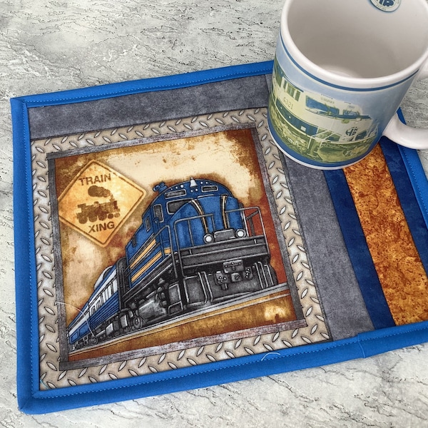 Train mug rug - yellow floral rose quilted mat - watering can and garden tools - reversible coffee mug rug - coworker gift - desk accessory