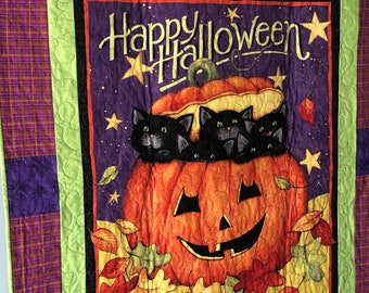 Halloween Quilt: Pumpkin Cats, Fall Leaves Throw Quilt (51x59)