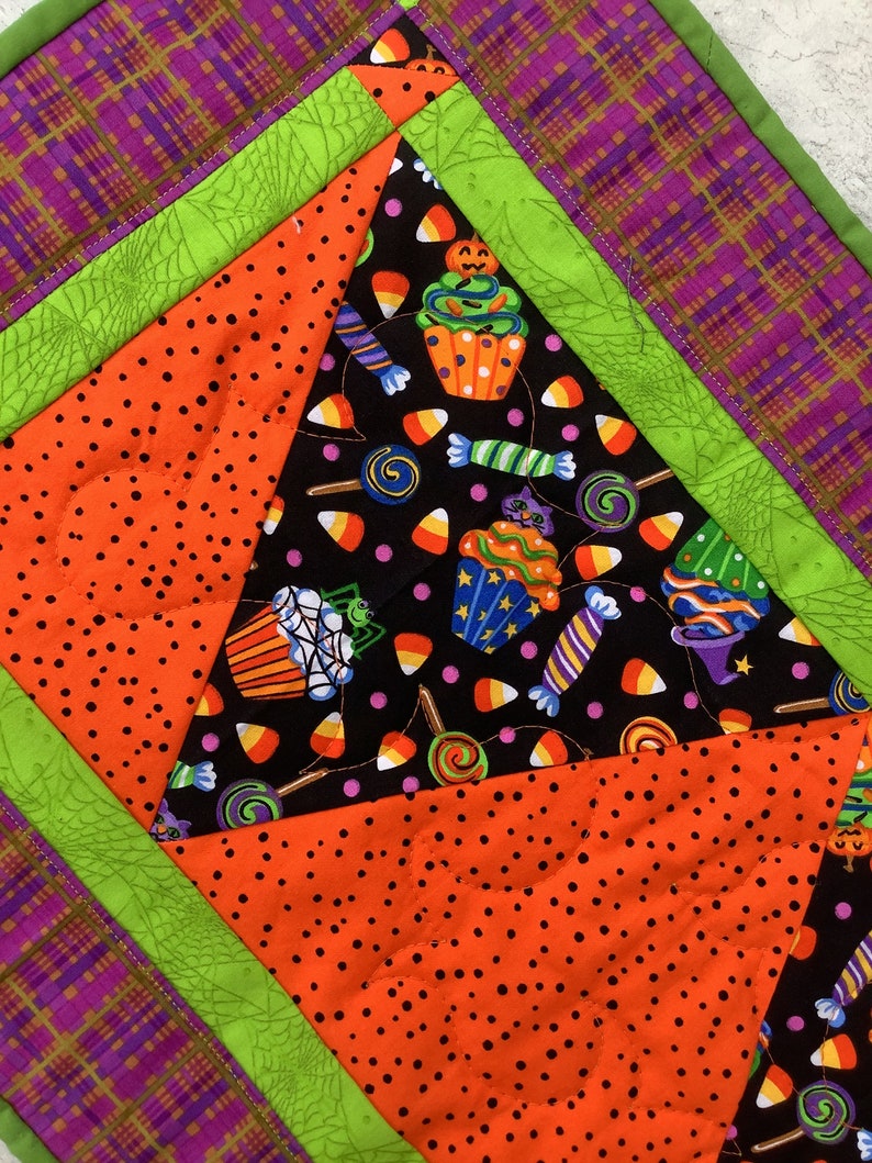 Halloween table runner reversible Christmas candy corn holly berry trick or treat runner orange black blue green yellow red image 3
