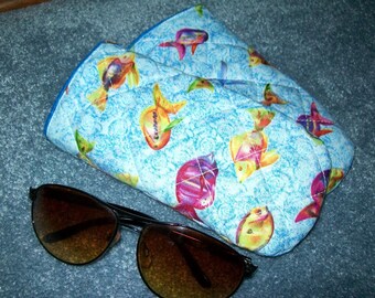 Quilted Fish Eyeglass Case: Nautical Blue Cotton, Felt Lined