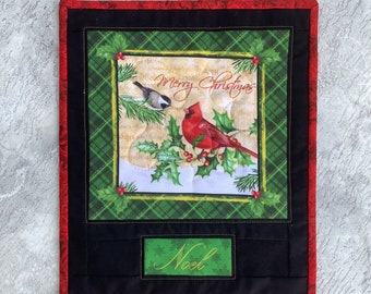 Noel Quilted Wall Hanging - Merry Christmas Cardinal Chickadee - Holiday Decor