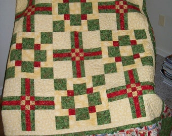 Christmas throw quilt - retro Christmas stamps - flannel backed bed quilt - red green cream lap quilt - winter quilt - vintage design