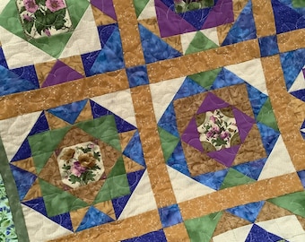 Purple green quilt - gold patchwork quilted throw - cream floral garden decor