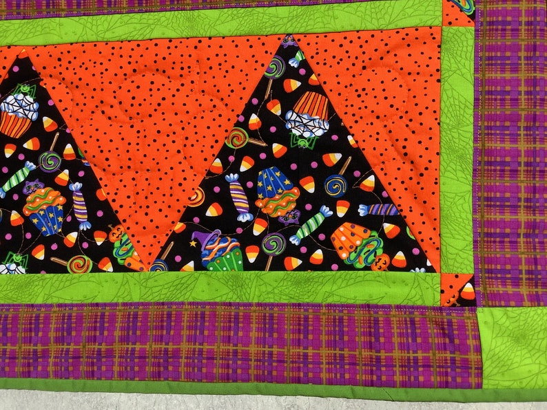 Halloween table runner reversible Christmas candy corn holly berry trick or treat runner orange black blue green yellow red image 7