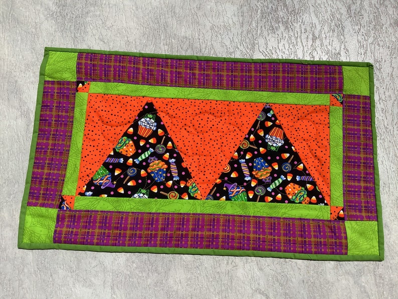 Halloween table runner reversible Christmas candy corn holly berry trick or treat runner orange black blue green yellow red image 1