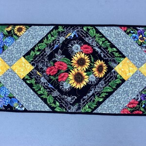 Sunflower table runner - patchwork floral quilted topper - black blue pink green white yellow - spring summer reversible table runner