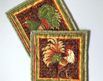 Rooster Hot Pad:  Quilted Pot Holder, Earth Tone Green Rust Orange Gold (8.25 x 8.25)